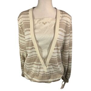New Vtg Cricket Lane Top Blouse M Ivory/Tan Stripe Swiss Chalet Cottage 80s Sear